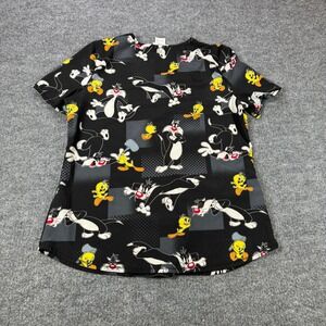 Looney Tunes Scrub Top Womens M Black Sylvester Tweety V-Neck Nurse Medical